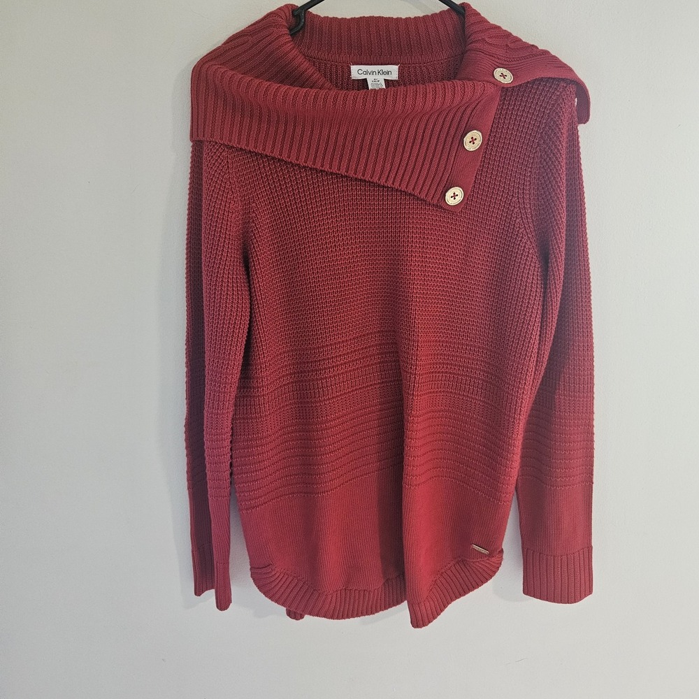 Calvin Klein Women's Cowl Neck Knit Pullover Sweater Plaid Red/Black S